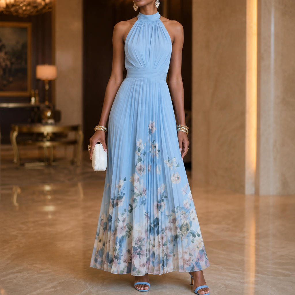 Elegant Blue Floral Maxi Dress with Halter Neck Pleated Flowing Fall Wedding Guest