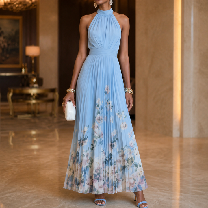 Elegant Blue Floral Maxi Dress with Halter Neck Pleated Flowing Fall Wedding Guest