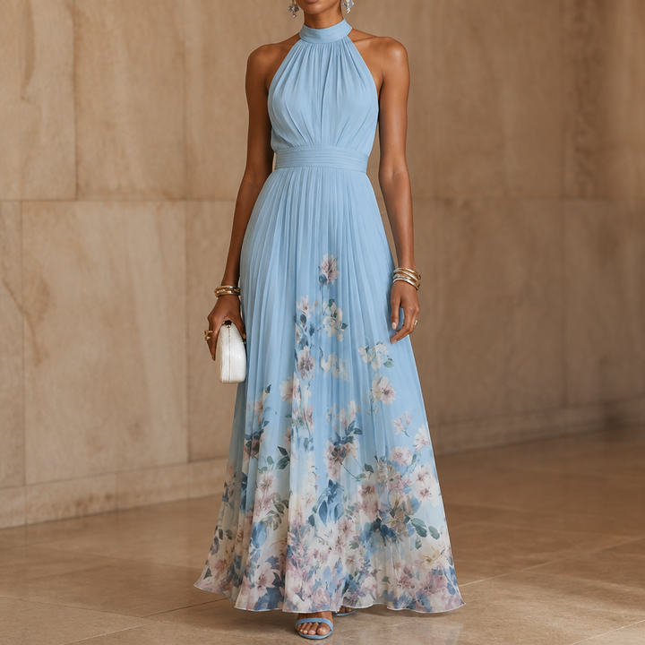 Elegant Blue Floral Maxi Dress with Halter Neck Pleated Flowing Fall Wedding Guest