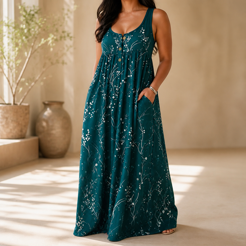 Effortless Plus Size Floral Maxi Dress with Scoop Neck Button Front Autumn Style