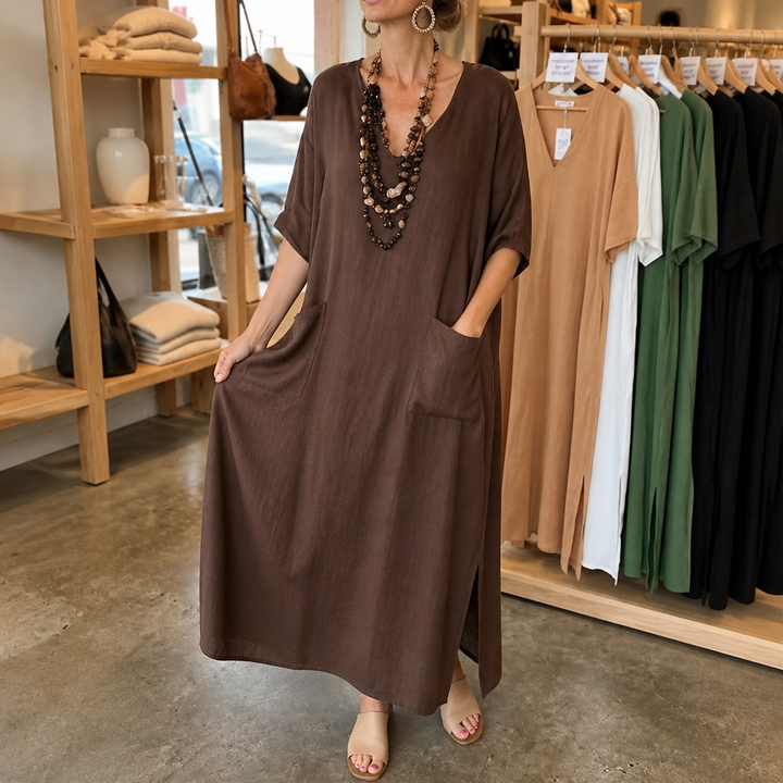 Effortless Linen Maxi Dress for Women with V Neck Half Sleeve Pocket Relaxed Style