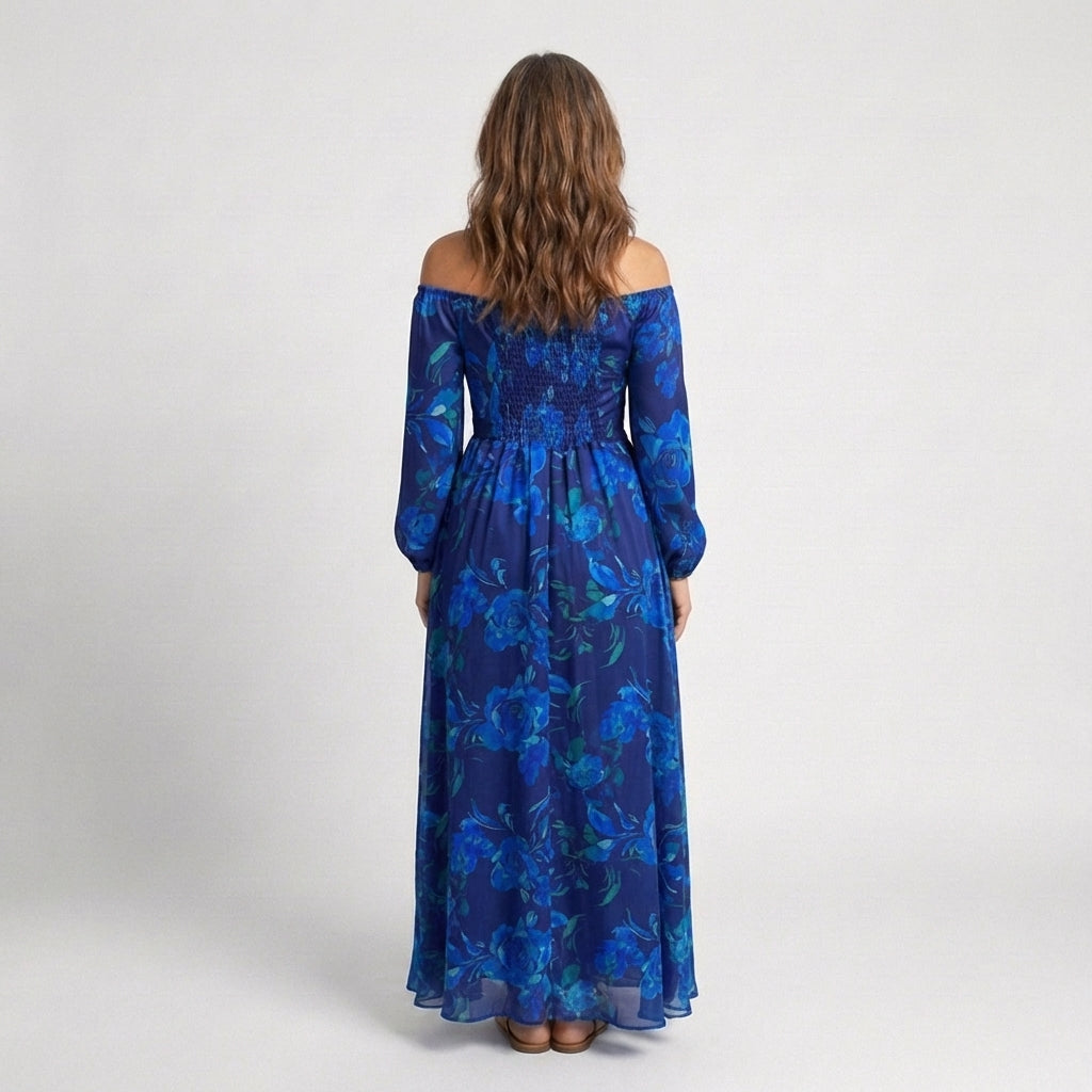 Elegant Blue Floral Fall Wedding Guest Dress with Off Shoulder Long Sleeve Sash Tie