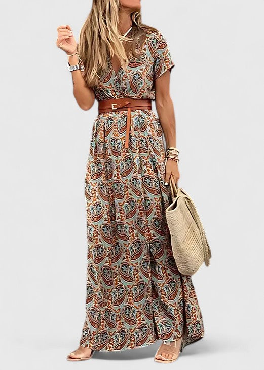Effortless Paisley Print Maxi Dress with V Neck Belted Side Slit Flowing Boho