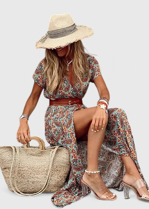 Effortless Paisley Print Maxi Dress with V Neck Belted Side Slit Flowing Boho