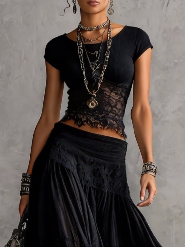 Set Top in Transparent Black Lace and Pleated Maxi Skirt
