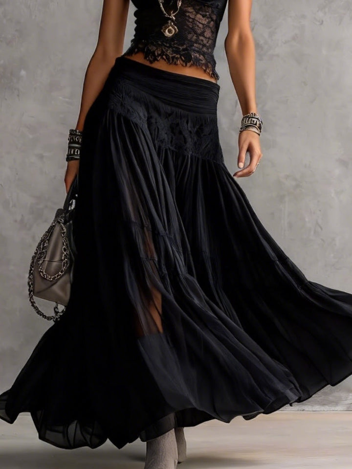 Set Top in Transparent Black Lace and Pleated Maxi Skirt