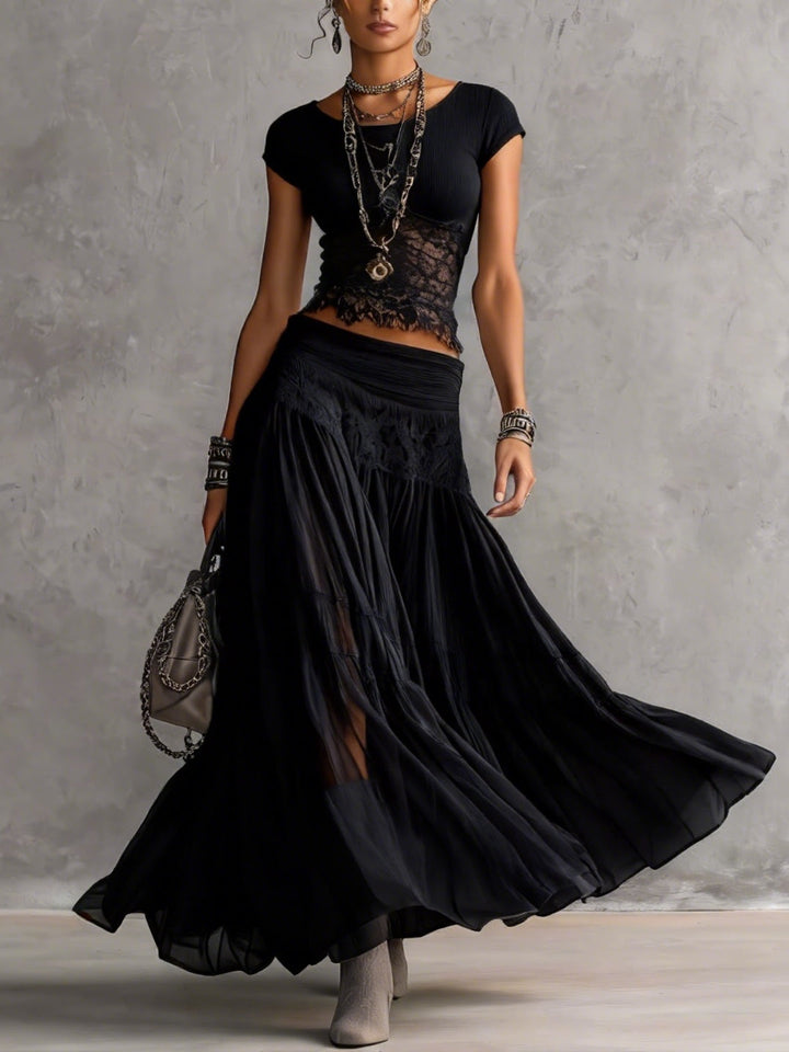 Set Top in Transparent Black Lace and Pleated Maxi Skirt