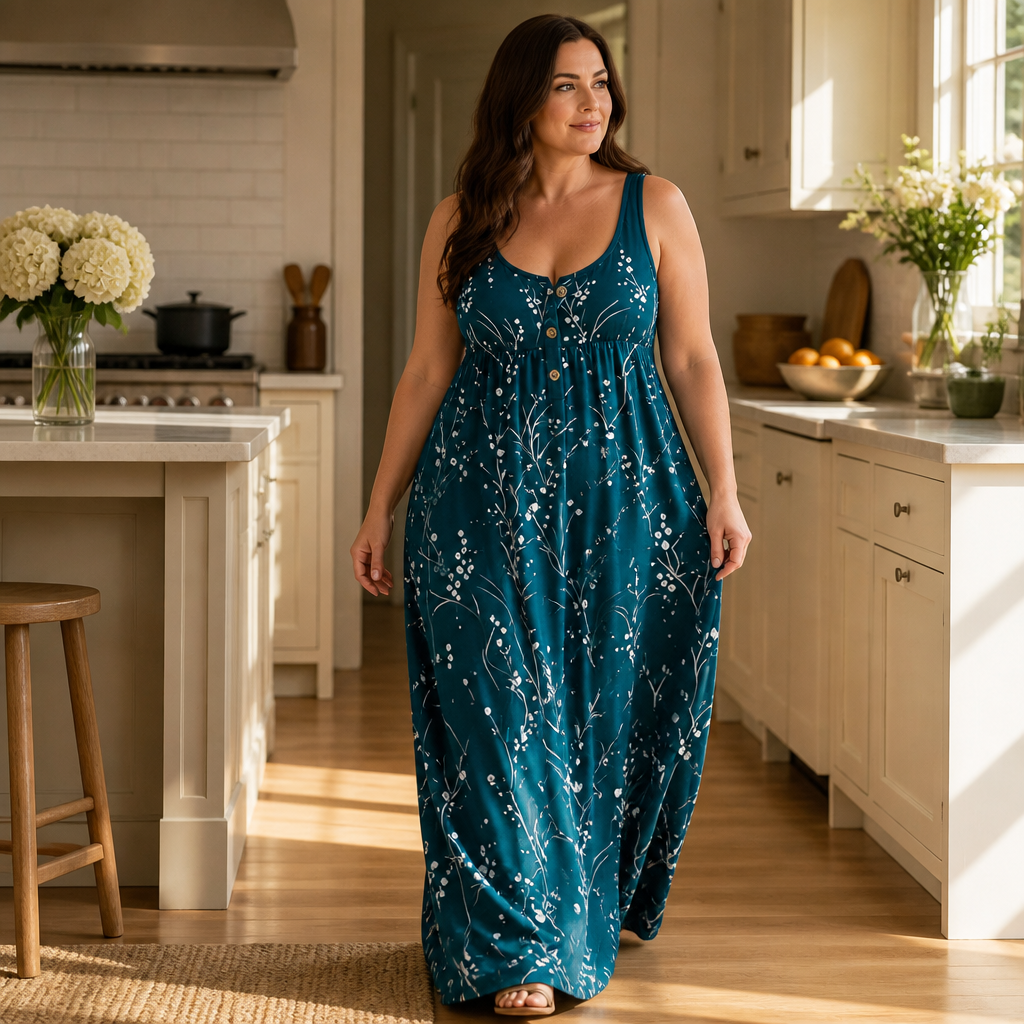 Effortless Plus Size Floral Maxi Dress with Scoop Neck Button Front Autumn Style