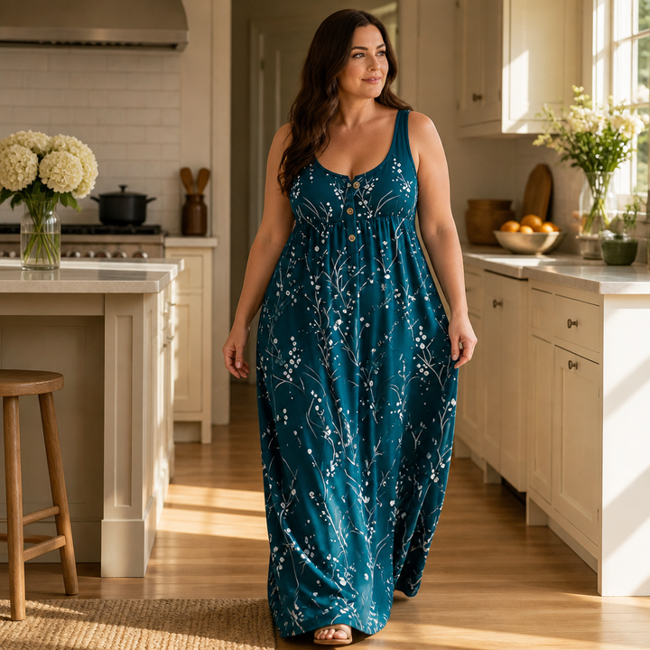 Effortless Plus Size Floral Maxi Dress with Scoop Neck Button Front Autumn Style