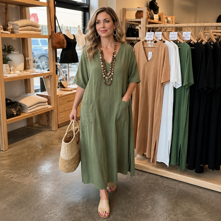 Effortless Linen Maxi Dress for Women with V Neck Half Sleeve Pocket Relaxed Style