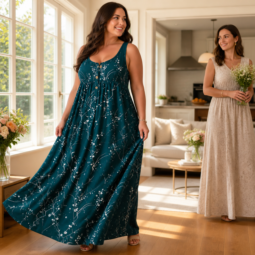 Effortless Plus Size Floral Maxi Dress with Scoop Neck Button Front Autumn Style