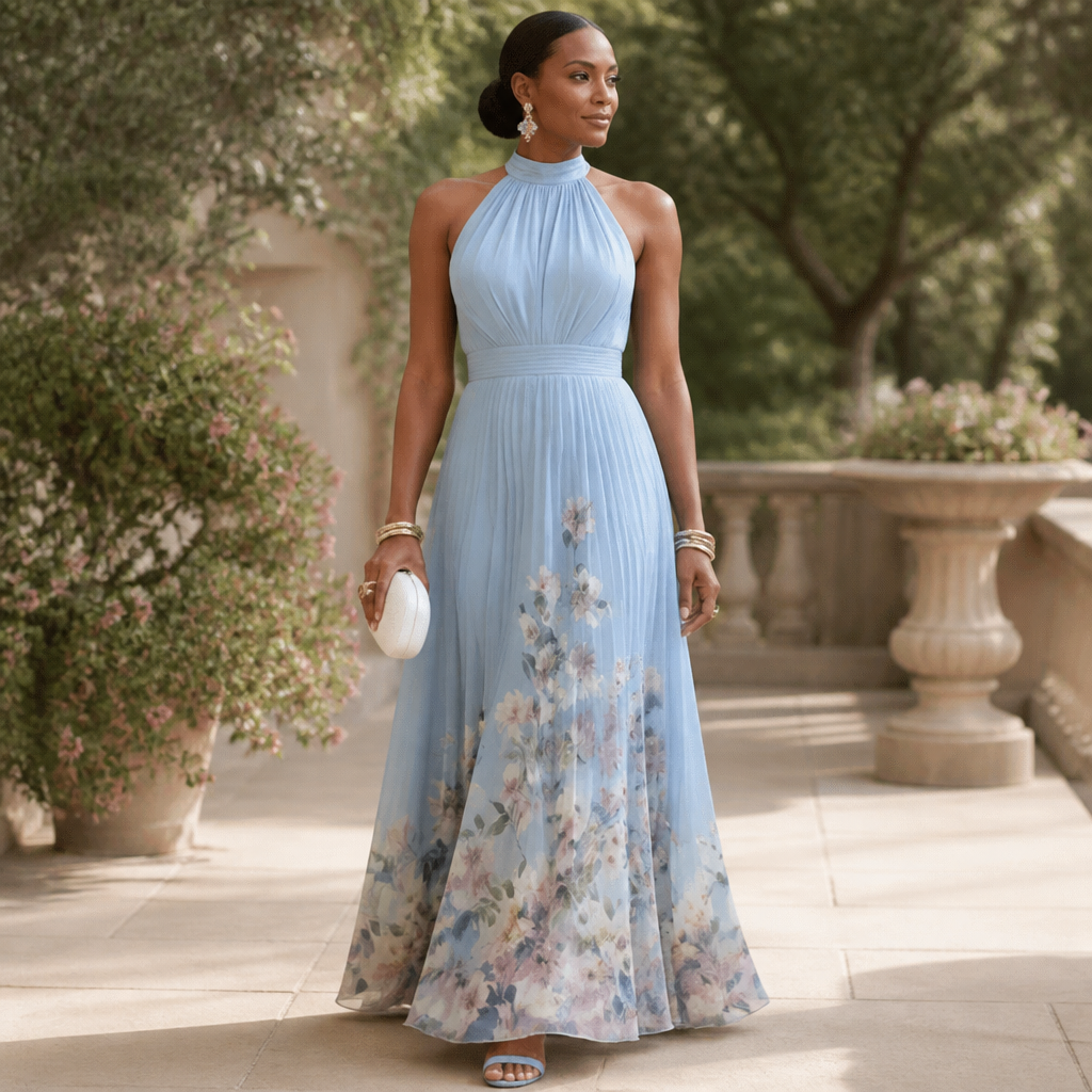 Elegant Blue Floral Maxi Dress with Halter Neck Pleated Flowing Fall Wedding Guest