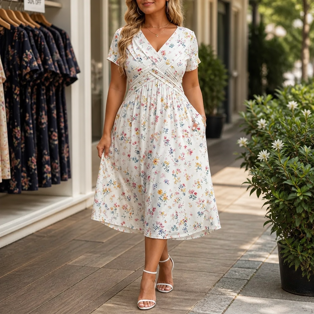 Effortless Floral Midi Dress with V Neck Crisscross Waist Fall Wedding Guest Style
