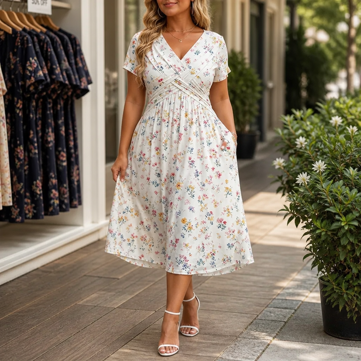 Effortless Floral Midi Dress with V Neck Crisscross Waist Fall Wedding Guest Style