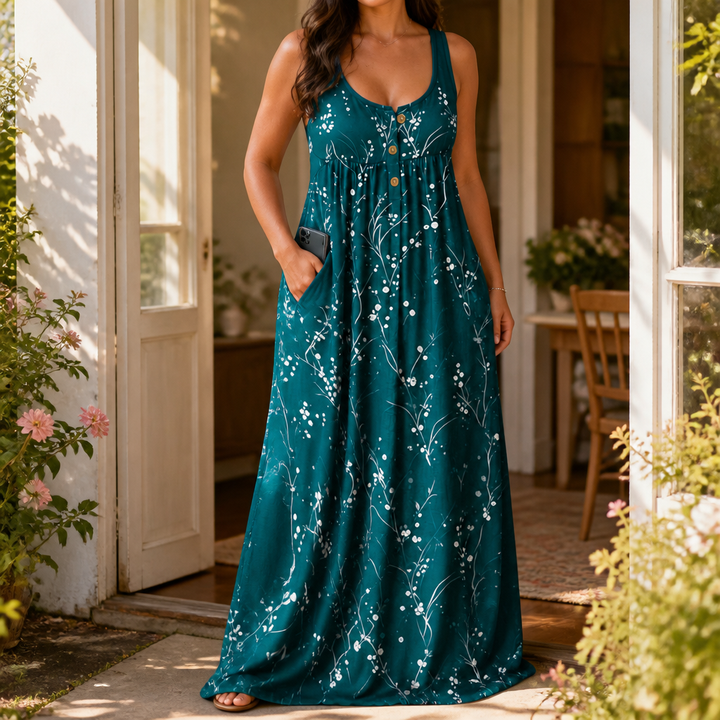 Effortless Plus Size Floral Maxi Dress with Scoop Neck Button Front Autumn Style