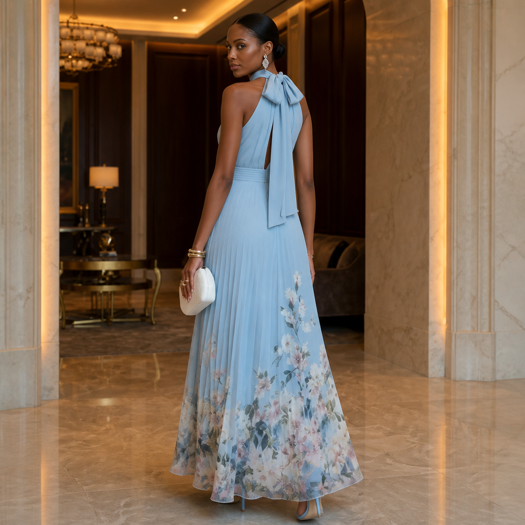 Elegant Blue Floral Maxi Dress with Halter Neck Pleated Flowing Fall Wedding Guest