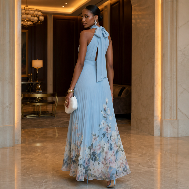 Elegant Blue Floral Maxi Dress with Halter Neck Pleated Flowing Fall Wedding Guest