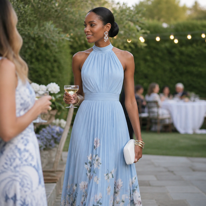 Elegant Blue Floral Maxi Dress with Halter Neck Pleated Flowing Fall Wedding Guest