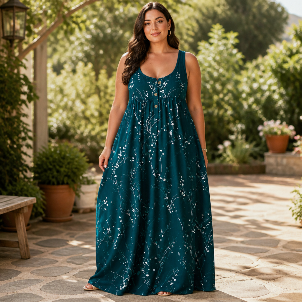 Effortless Plus Size Floral Maxi Dress with Scoop Neck Button Front Autumn Style