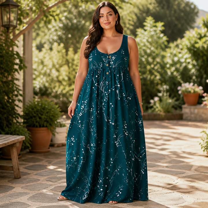 Effortless Plus Size Floral Maxi Dress with Scoop Neck Button Front Autumn Style