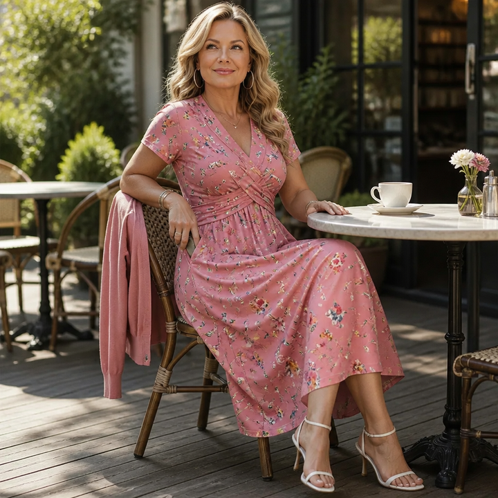 Effortless Floral Midi Dress with V Neck Crisscross Waist Fall Wedding Guest Style