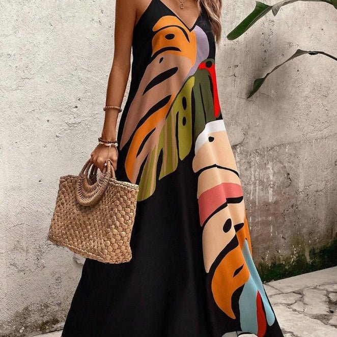 Effortless Abstract Print Maxi Dress for Women with V Neck Spaghetti Strap Flowing Sundress Style