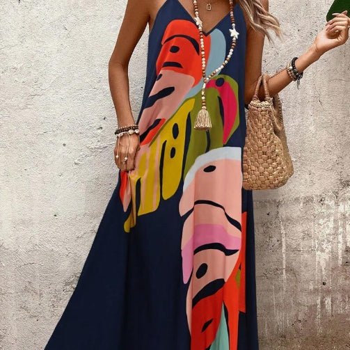 Effortless Abstract Print Maxi Dress for Women with V Neck Spaghetti Strap Flowing Sundress Style