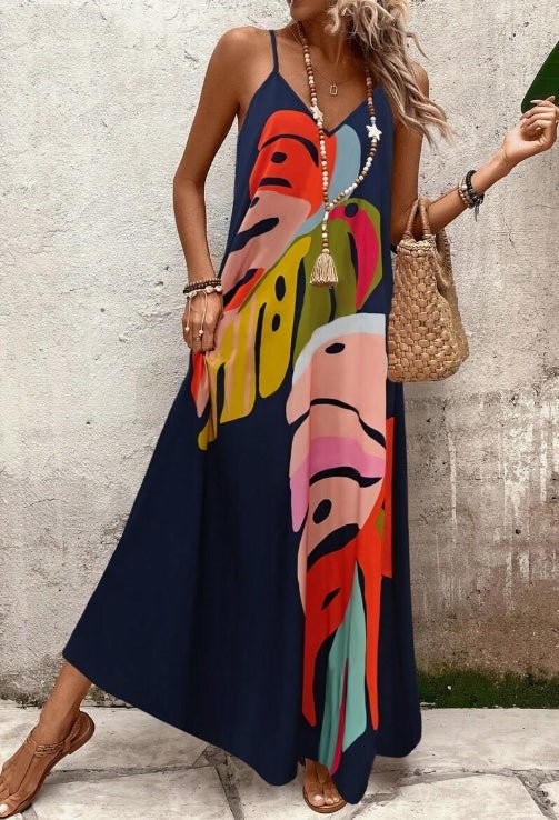 Effortless Abstract Print Maxi Dress for Women with V Neck Spaghetti Strap Flowing Sundress Style