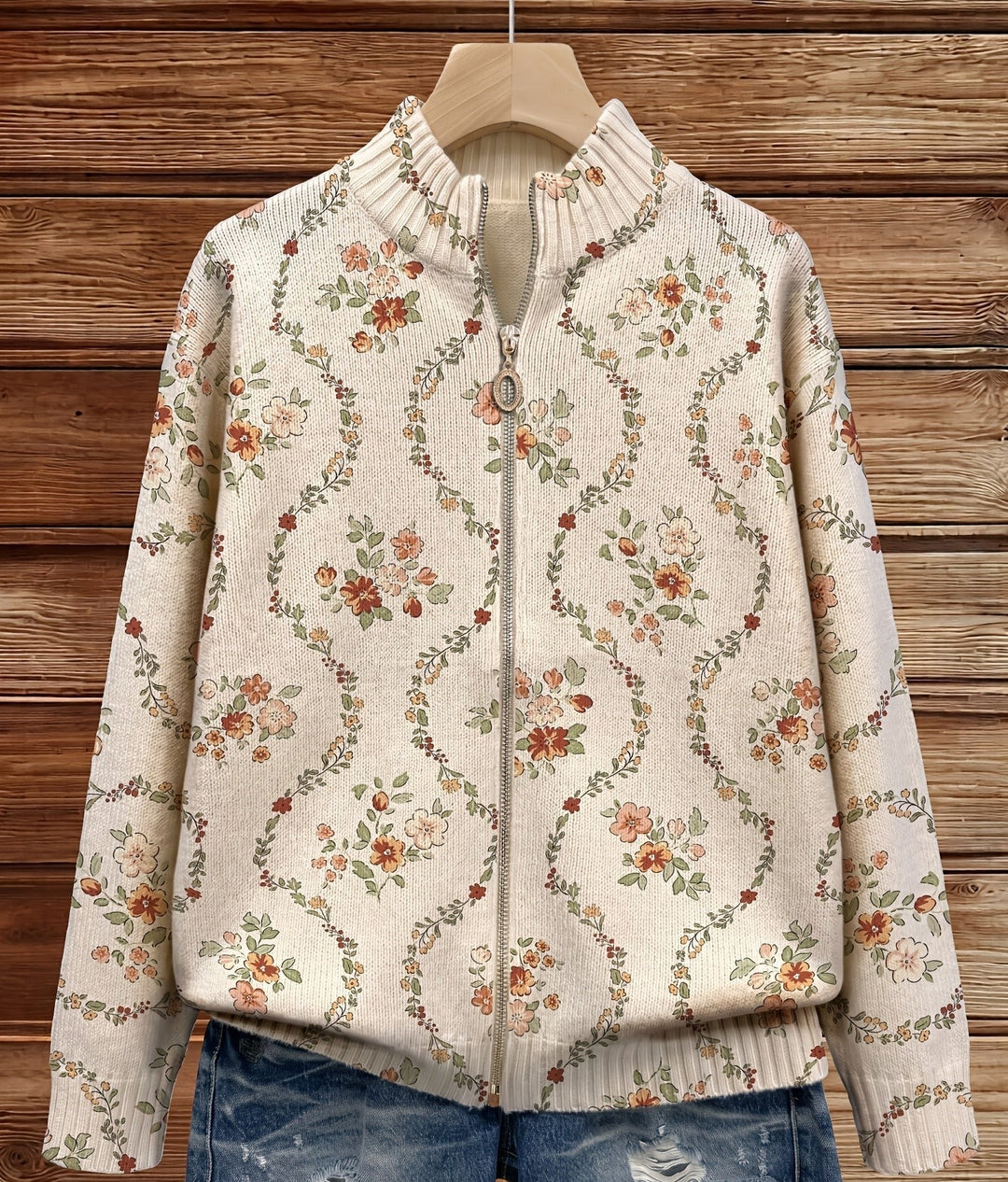 Persephone | Delicate Floral Vine Cream Print Zip Cardigan