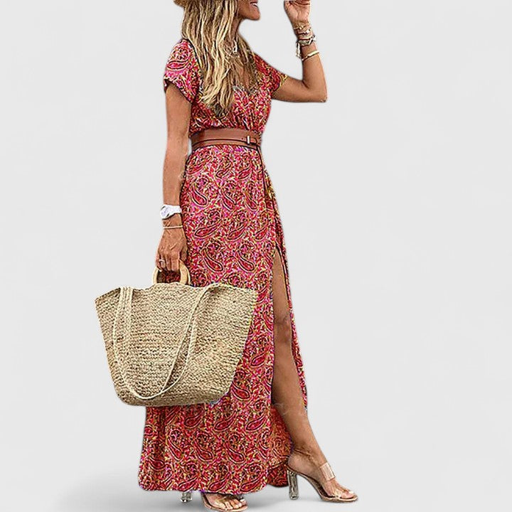 Effortless Paisley Print Maxi Dress with V Neck Belted Side Slit Flowing Boho