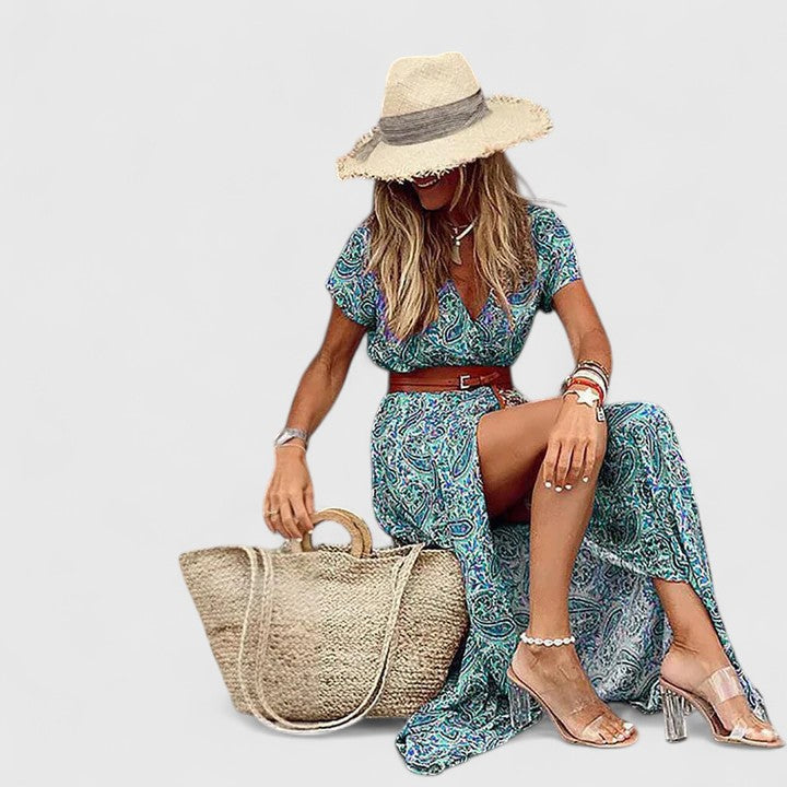 Effortless Paisley Print Maxi Dress with V Neck Belted Side Slit Flowing Boho
