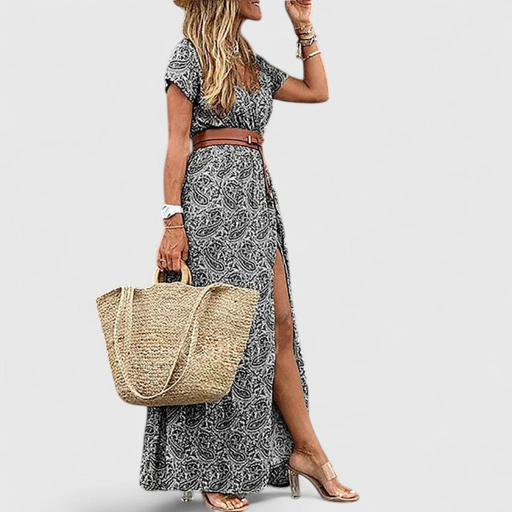 Effortless Paisley Print Maxi Dress with V Neck Belted Side Slit Flowing Boho