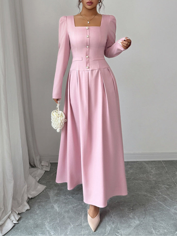 Elegant Mother of the Bride Pink Maxi Dress for Women with Square Neck Pleated Skirt