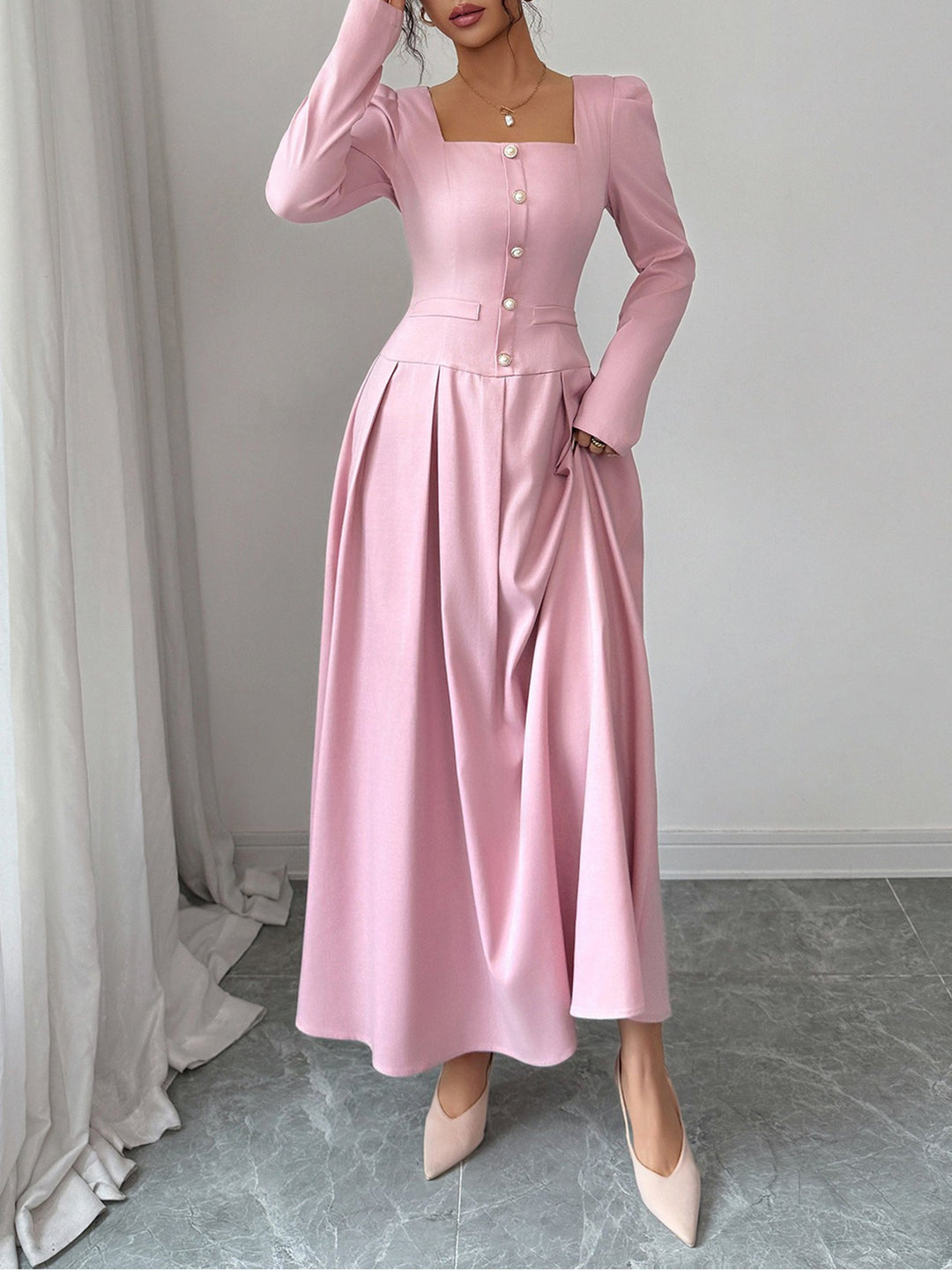 Elegant Mother of the Bride Pink Maxi Dress for Women with Square Neck Pleated Skirt