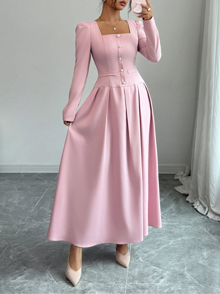 Elegant Mother of the Bride Pink Maxi Dress for Women with Square Neck Pleated Skirt