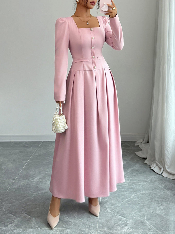 Elegant Mother of the Bride Pink Maxi Dress for Women with Square Neck Pleated Skirt