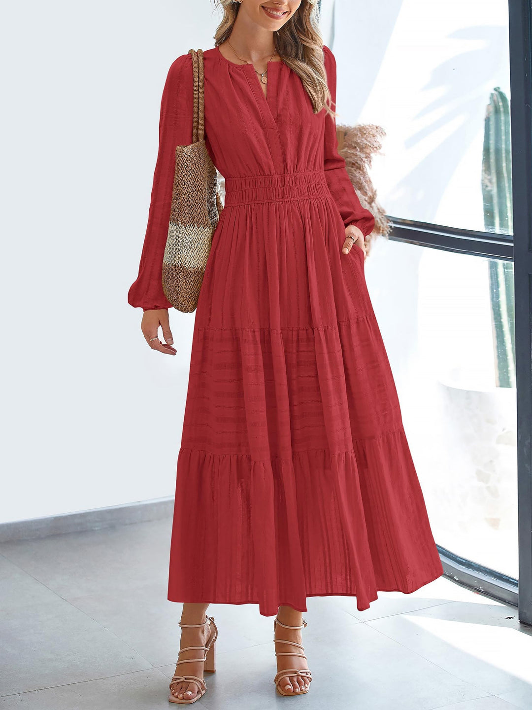 Effortless Red Tiered Maxi Dress for Women with Smocked Waist Long Sleeve Flowy Style