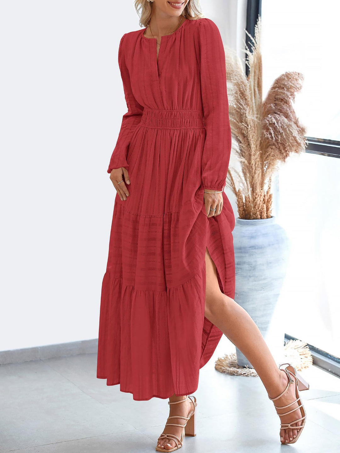 Effortless Red Tiered Maxi Dress for Women with Smocked Waist Long Sleeve Flowy Style