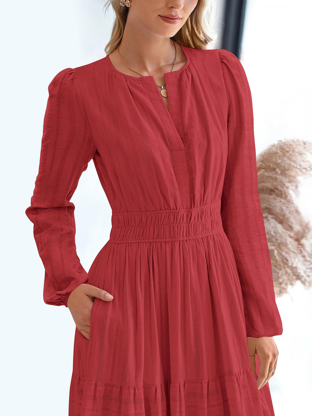 Effortless Red Tiered Maxi Dress for Women with Smocked Waist Long Sleeve Flowy Style