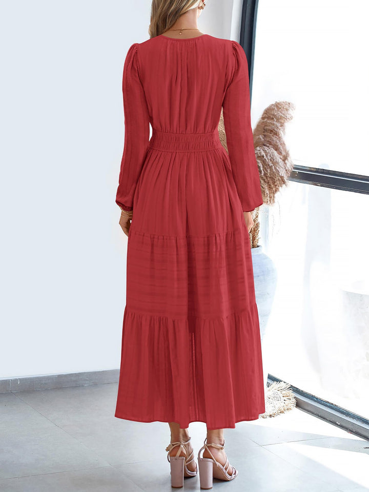 Effortless Red Tiered Maxi Dress for Women with Smocked Waist Long Sleeve Flowy Style