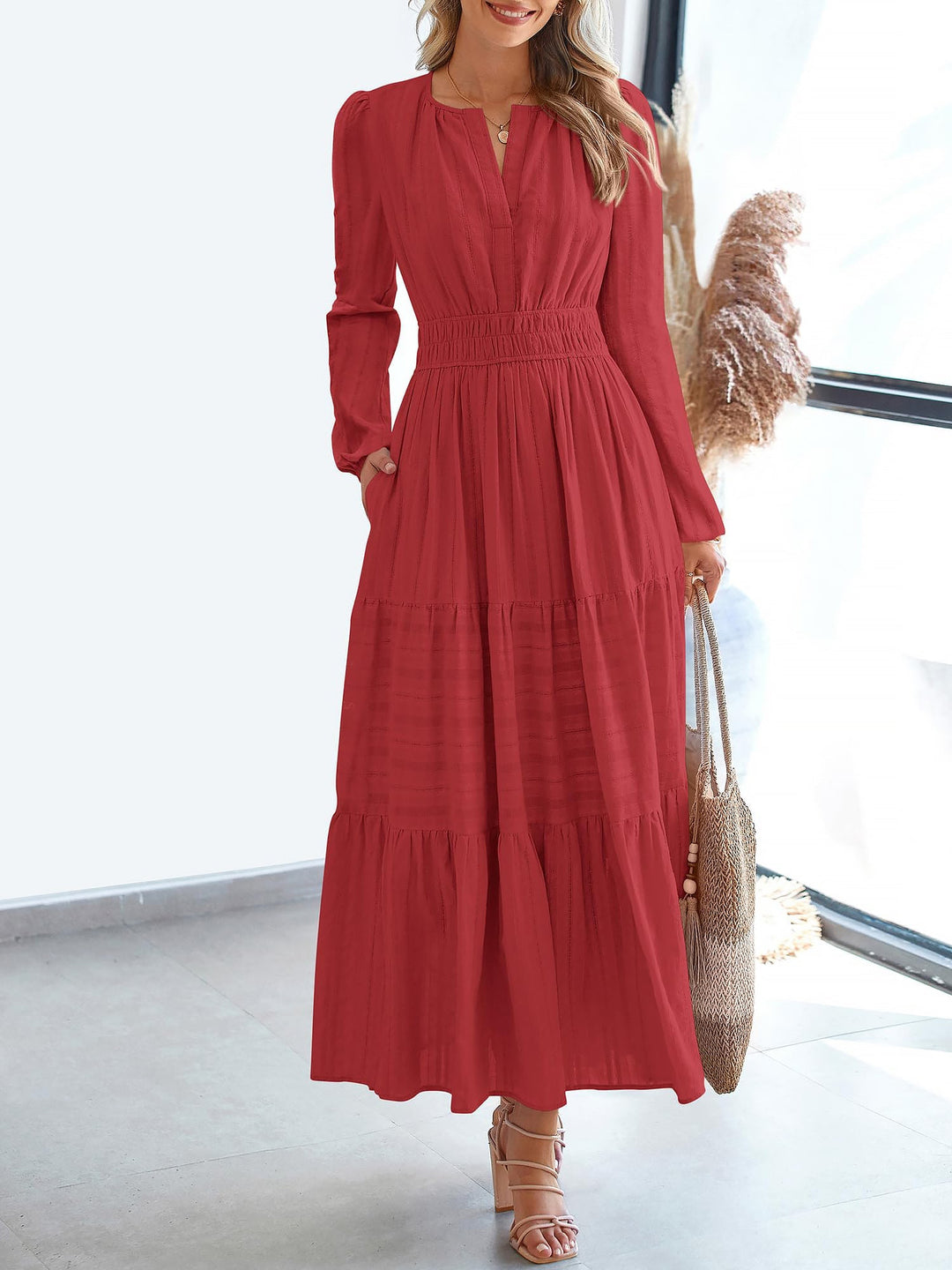 Effortless Red Tiered Maxi Dress for Women with Smocked Waist Long Sleeve Flowy Style