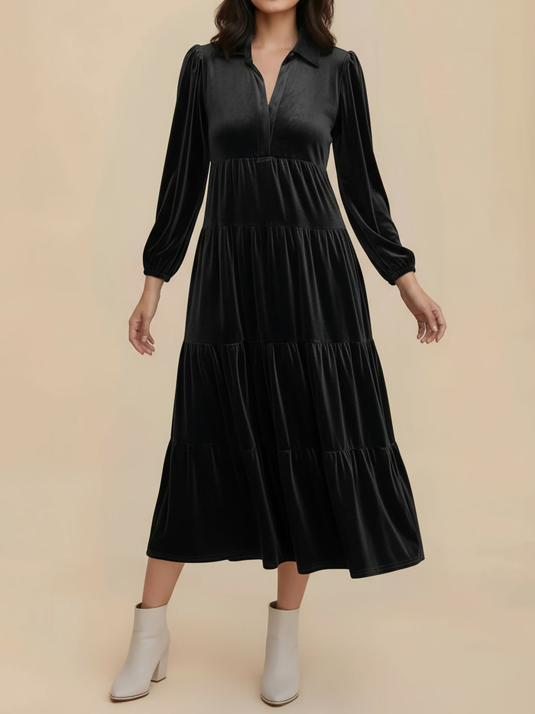 Elegant Black Tie Dress for Women with Collar Long Sleeve Tiered Flowing Fall Wedding Guest Style