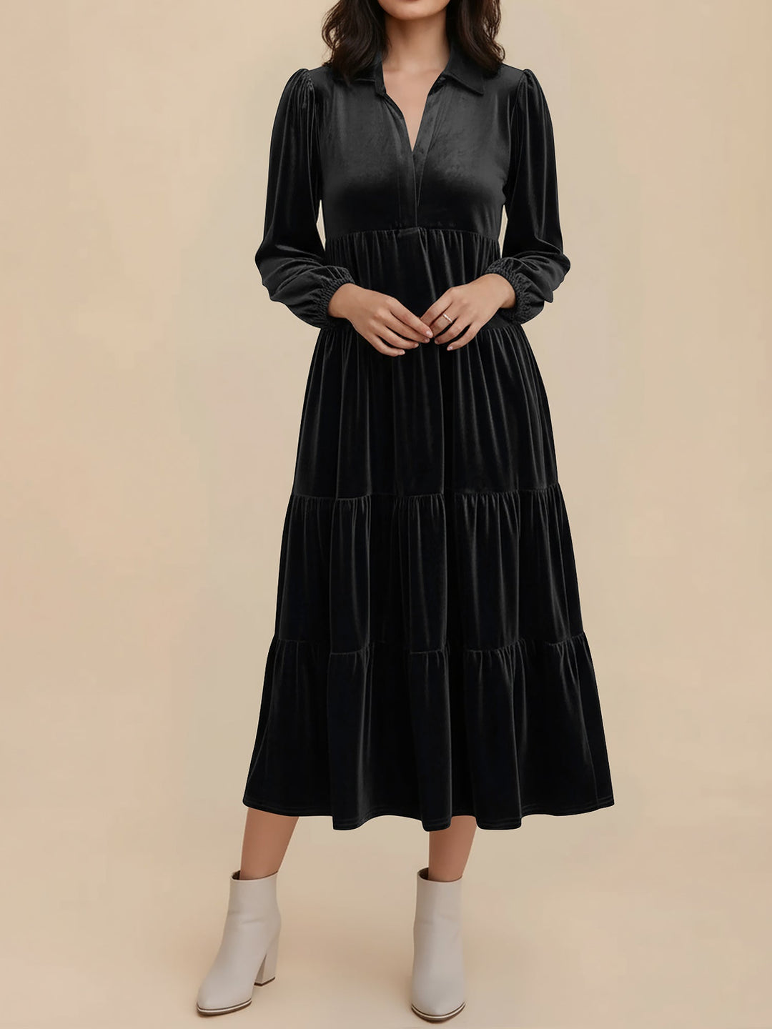 Elegant Black Tie Dress for Women with Collar Long Sleeve Tiered Flowing Fall Wedding Guest Style