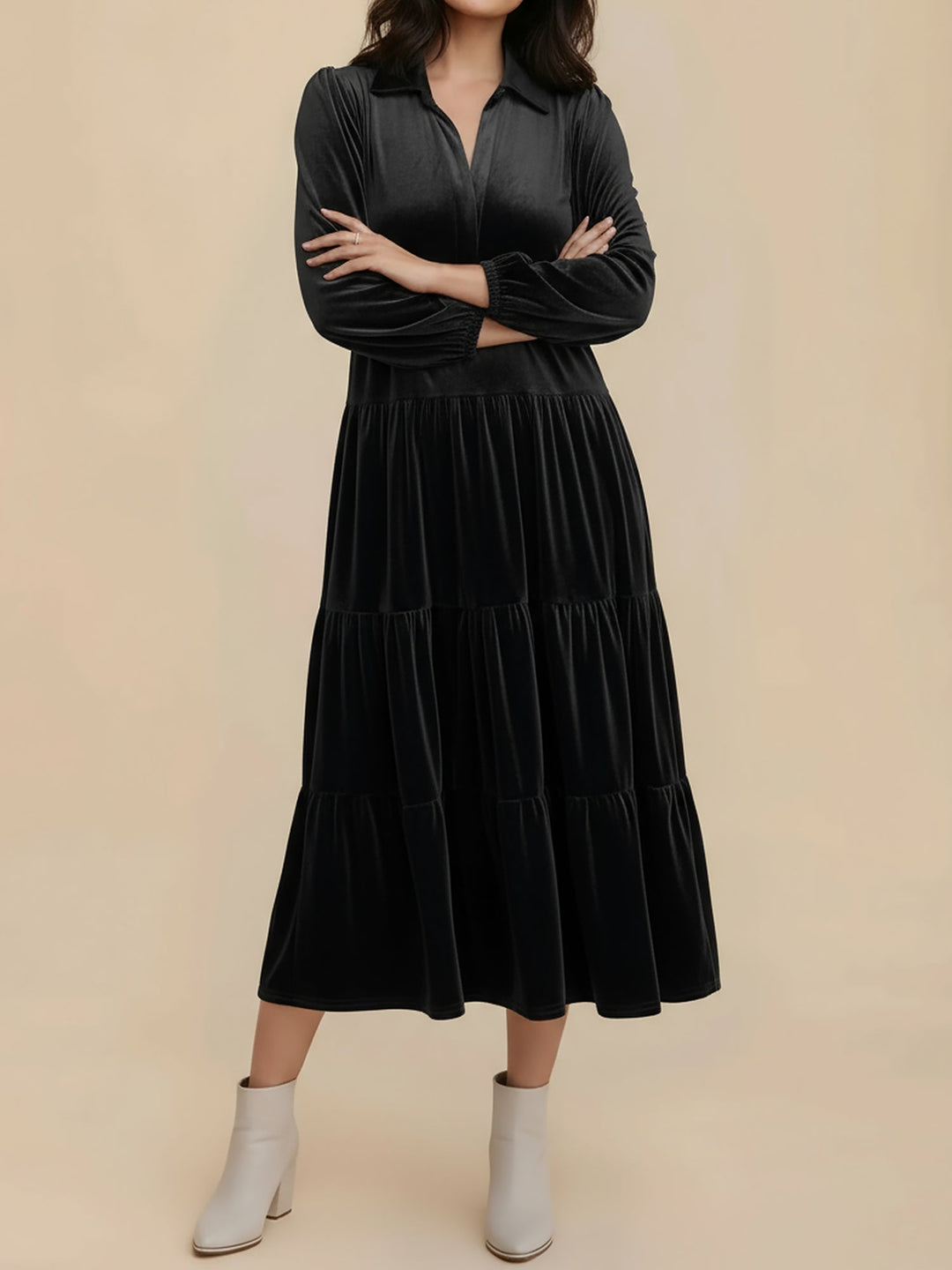 Elegant Black Tie Dress for Women with Collar Long Sleeve Tiered Flowing Fall Wedding Guest Style