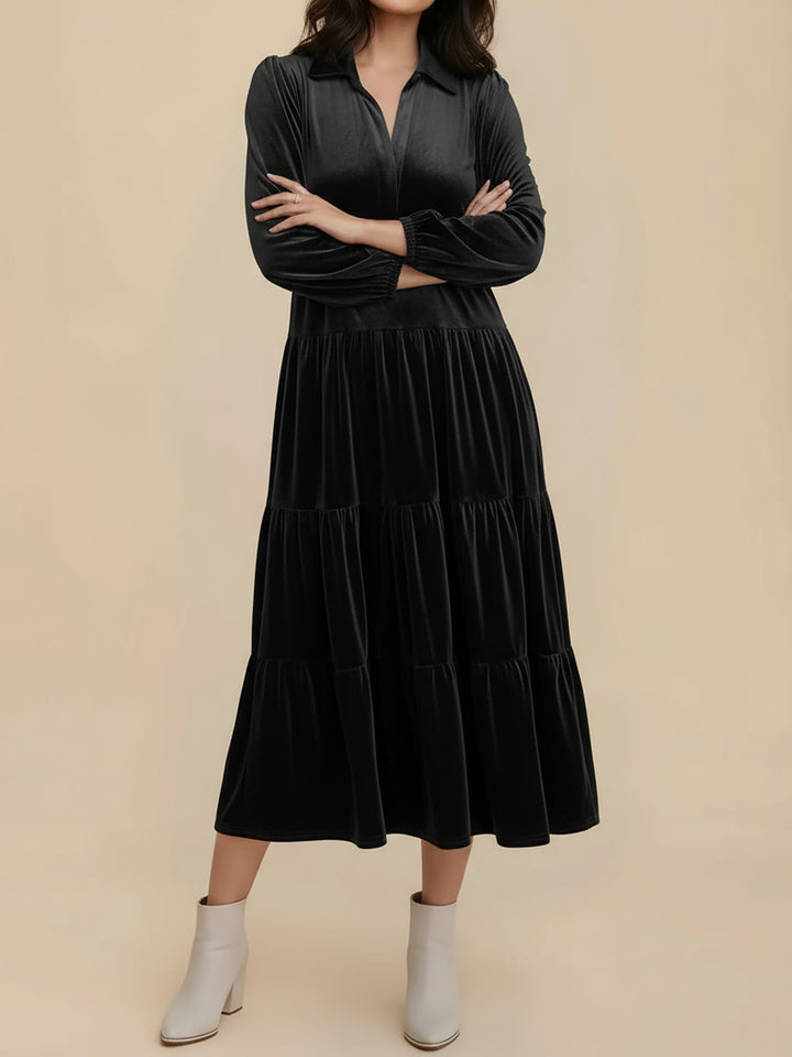 Elegant Black Tie Dress for Women with Collar Long Sleeve Tiered Flowing Fall Wedding Guest Style