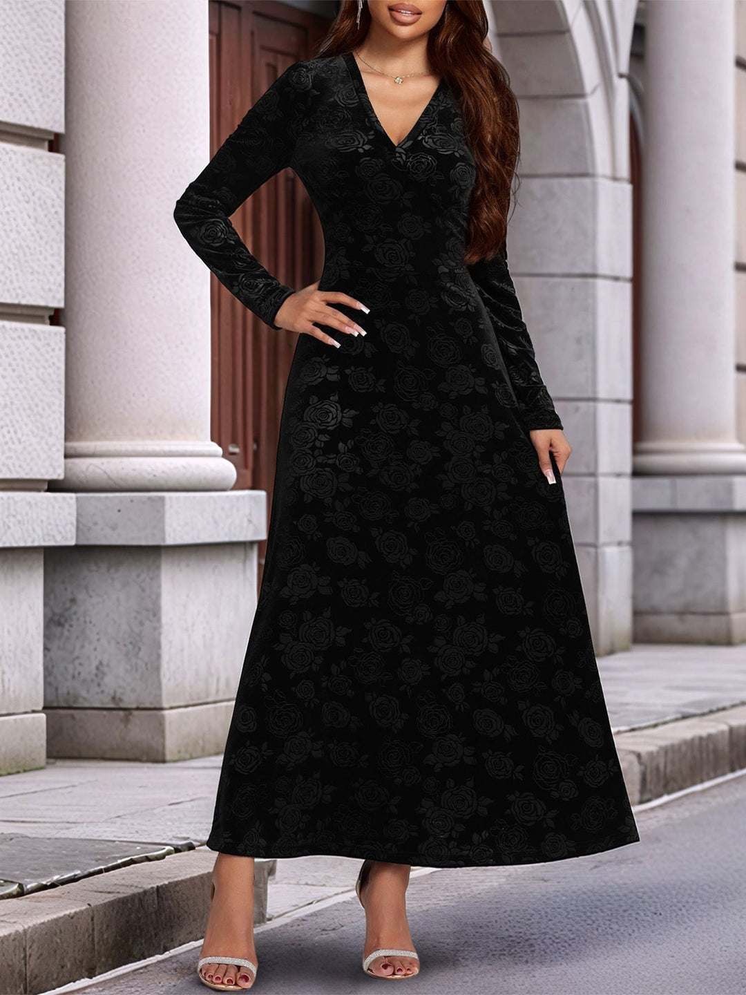 Elegant Black Velvet Maxi Dress for Women with V Neck Long Sleeve Flowing Autumn Wedding Guest Style