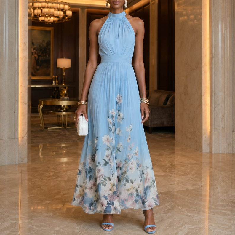 Elegant Blue Floral Maxi Dress with Halter Neck Pleated Flowing Fall Wedding Guest