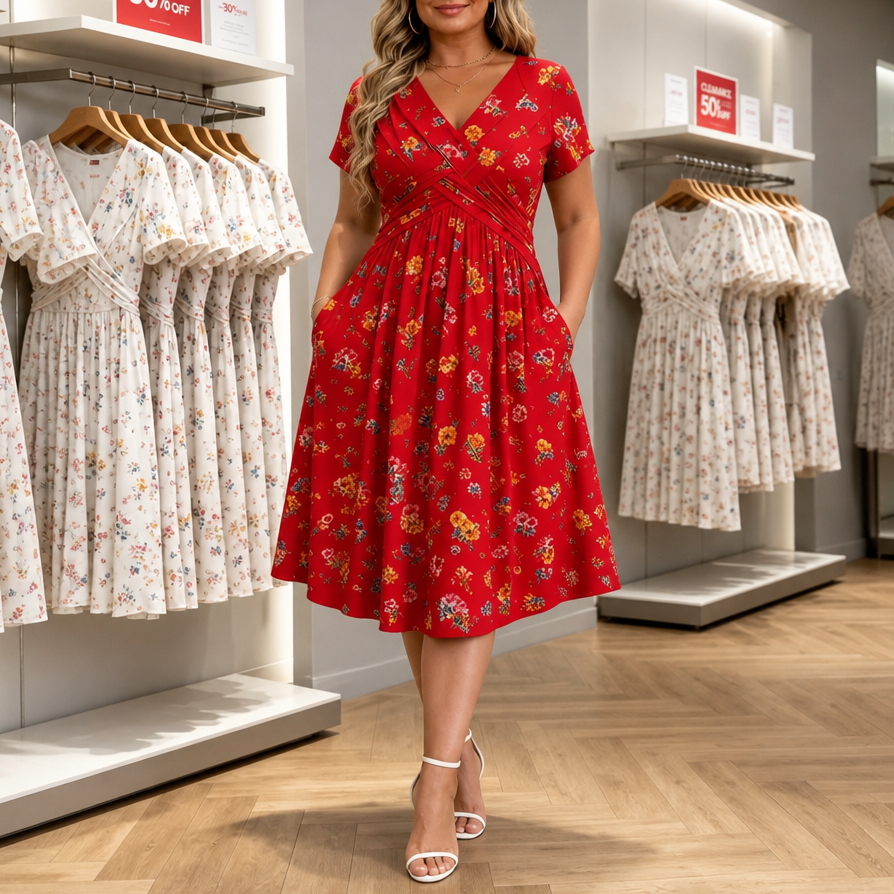 Effortless Floral Midi Dress with V Neck Crisscross Waist Fall Wedding Guest Style