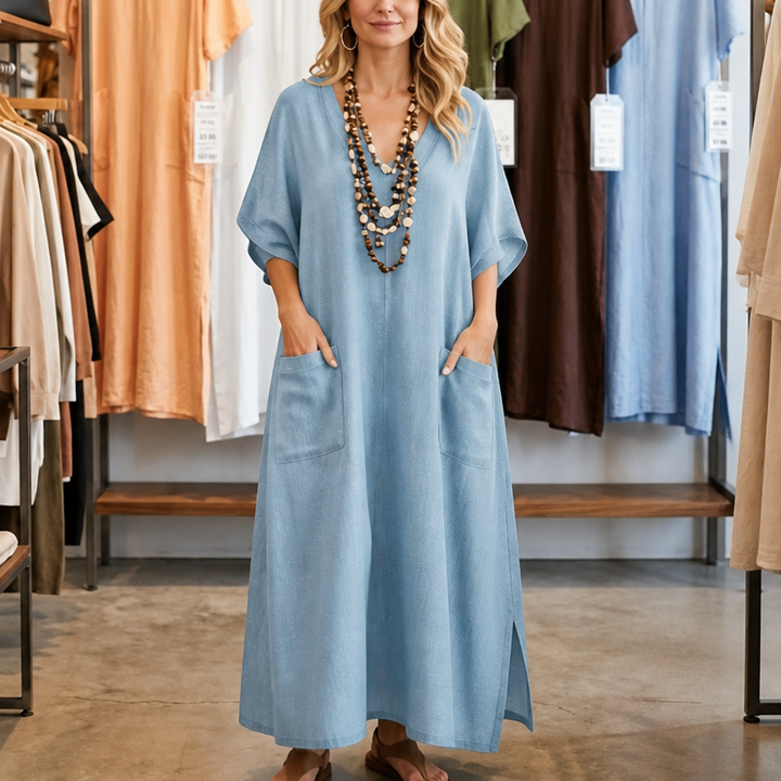 Effortless Linen Maxi Dress for Women with V Neck Half Sleeve Pocket Relaxed Style