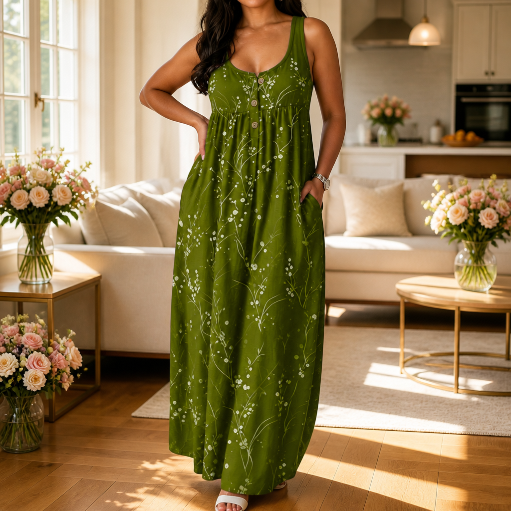 Effortless Plus Size Floral Maxi Dress with Scoop Neck Button Front Autumn Style